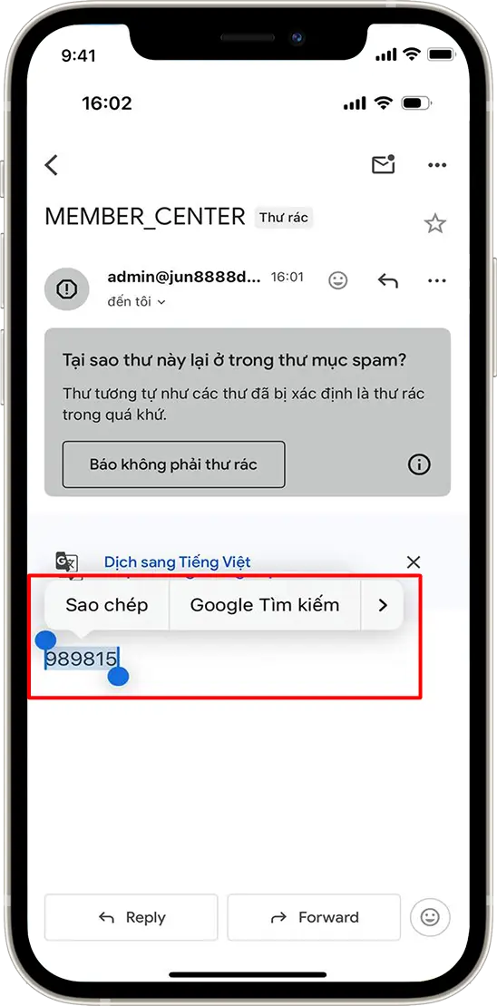 Bước 4:  Sao chép mã ở hộp thư đến hoặc thư rác